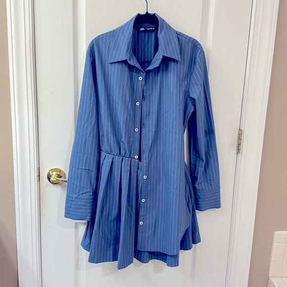 ZARA mini dress long sleeve. Size Small. Made in Turkey. Used once. Blue color. - Picture 1 of 8